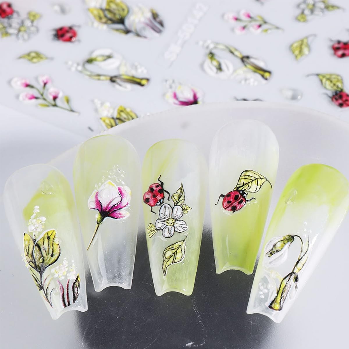 2 Sheets Ladybug Nail Stickers Spring Summer Flower Nail Art Stickers Self-Ad…