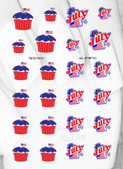 Nail Art J710 July 4th Cupcake Flag Fireworks Waterslide Nail Decals Transfers