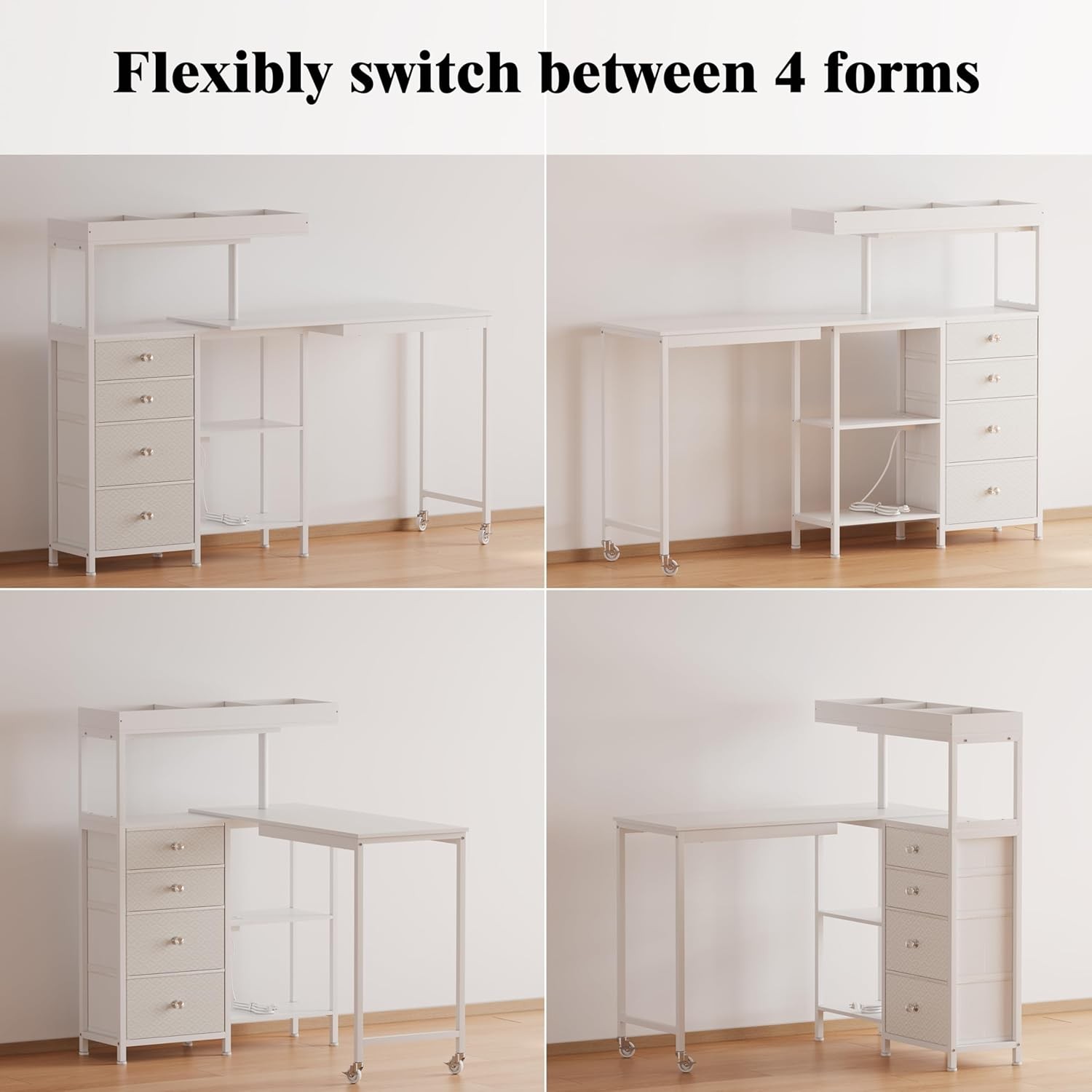 L-Shaped Manicure Table with Drawers Shelves Charging Station