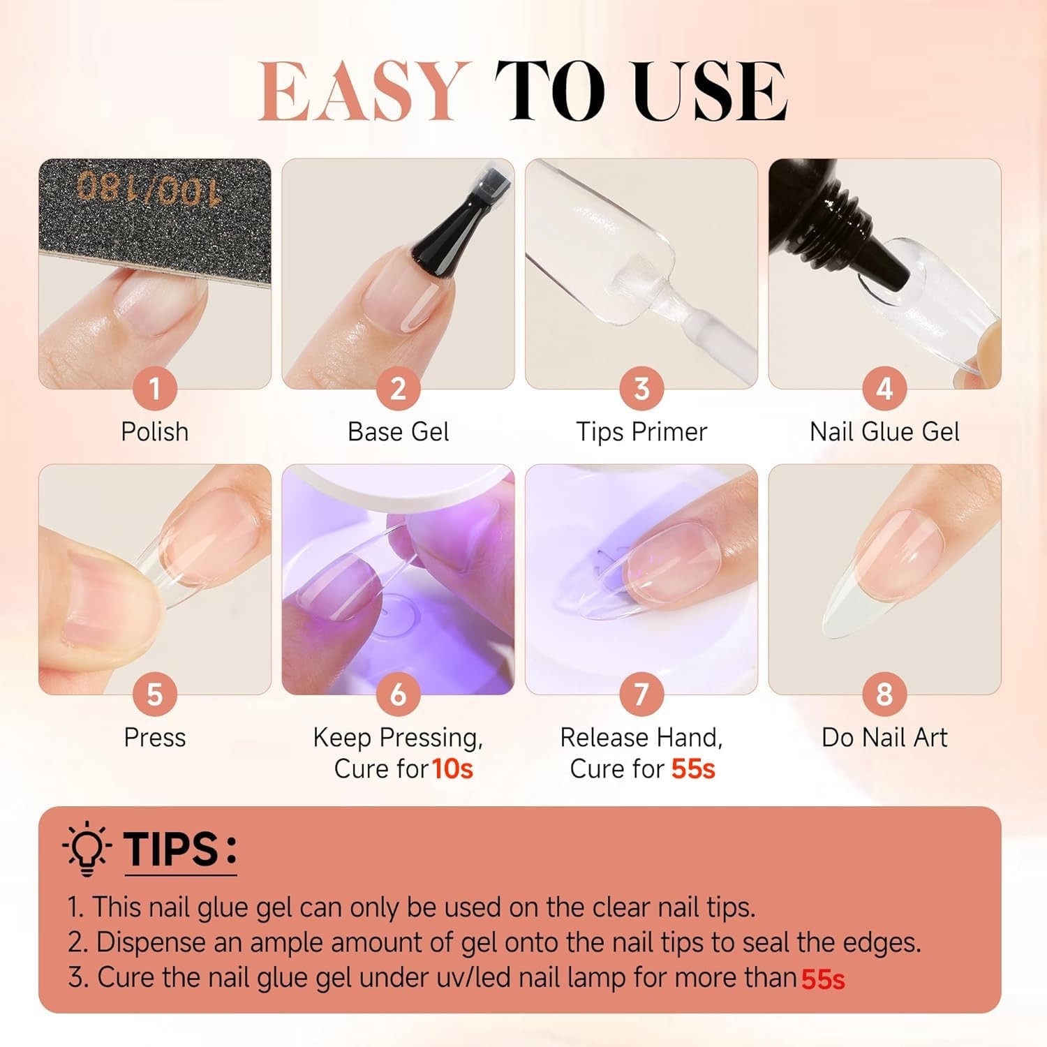 UNA GELLA Solid Nail Tips Glue Gel 2 * 40ml Lamp Curing Needed Soak Off Soft…