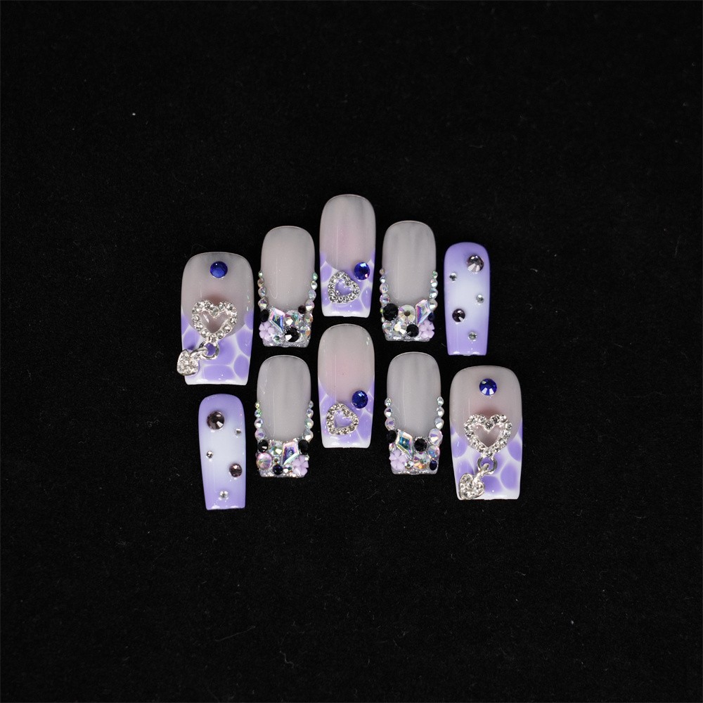 10pcs-Heart French Tip Sparkle Press on Nails Square Nail Set Reusable Handmade