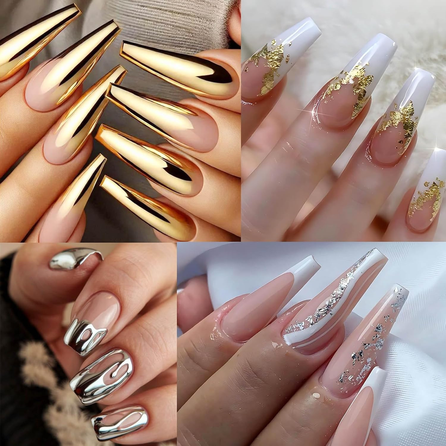 Metallic Chrome Mirror Nail Art Powder Set, Gold Silver Nail Foils Gorgeous Nail