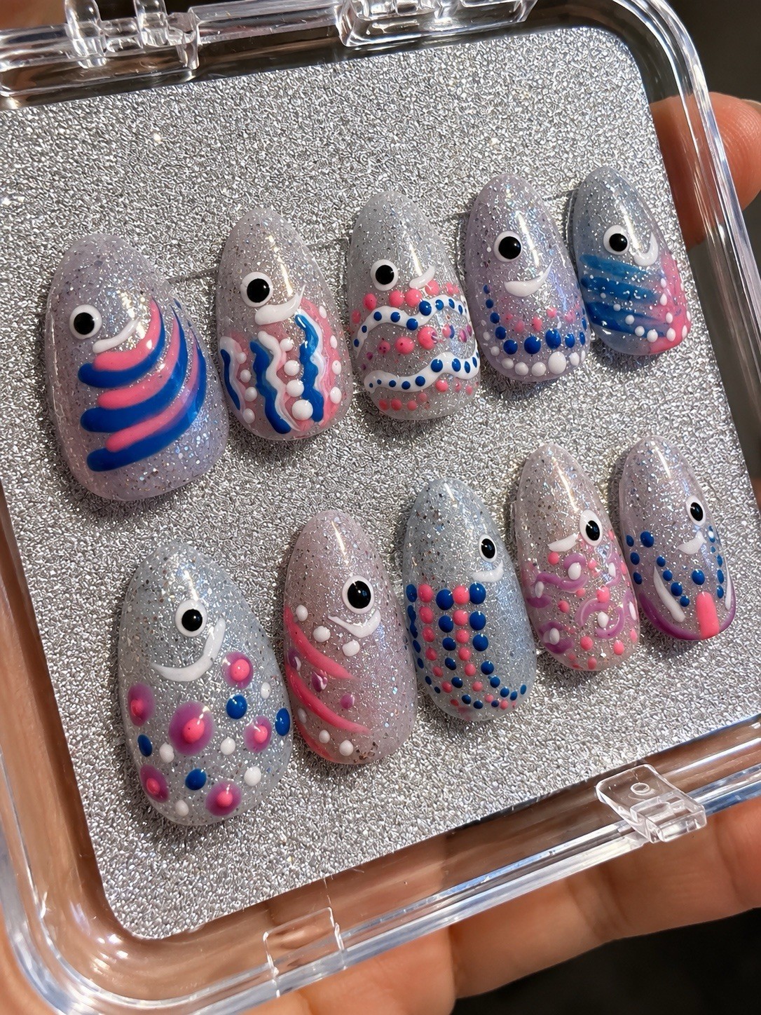 Fishing Lure Press On Nails | Large Almond Cat Eye Glitter Nails