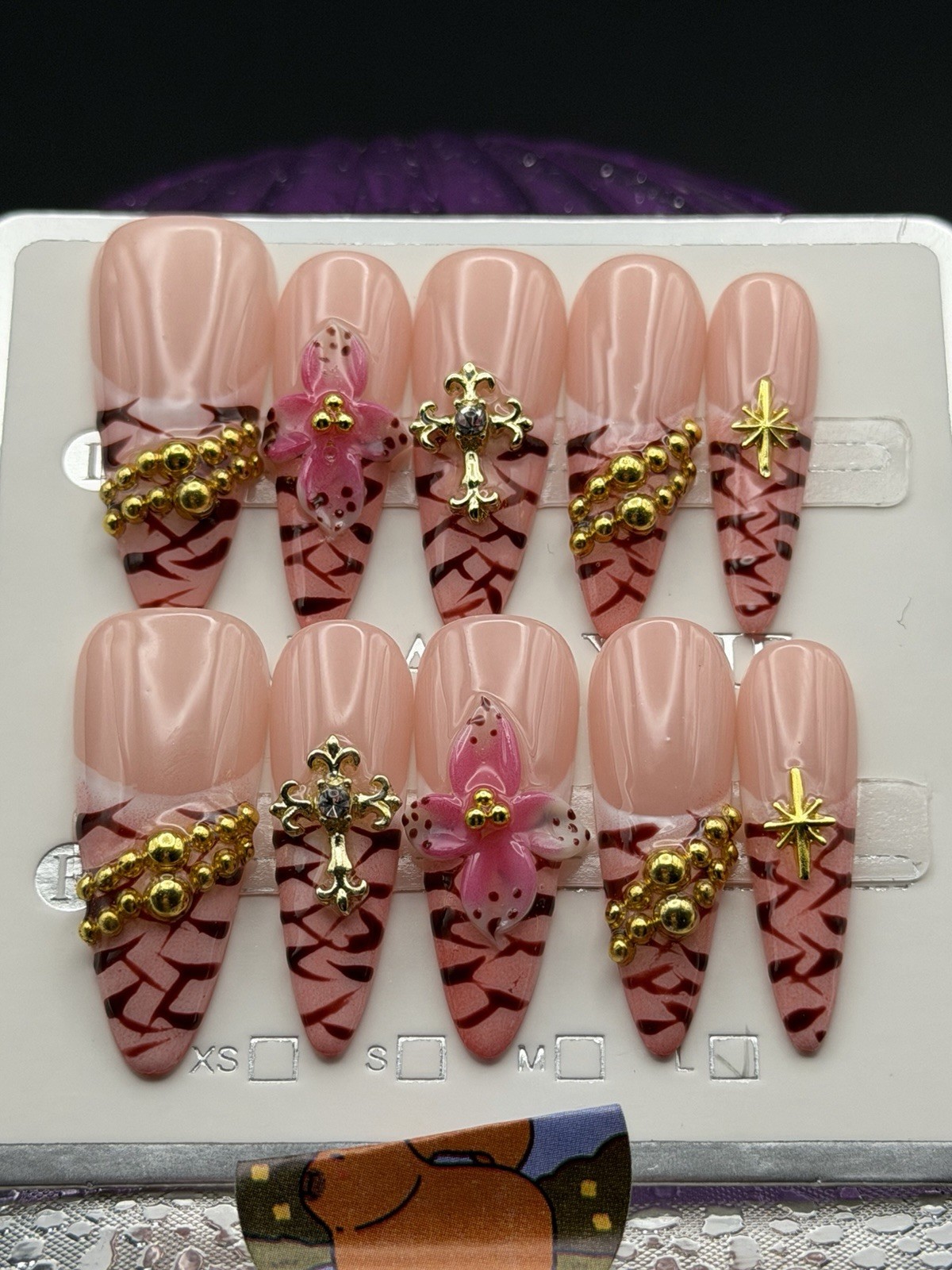 10 PCs Handmade Long Almond Nails Nude Light Pink, 3D Gold Charms, Rhinestones L