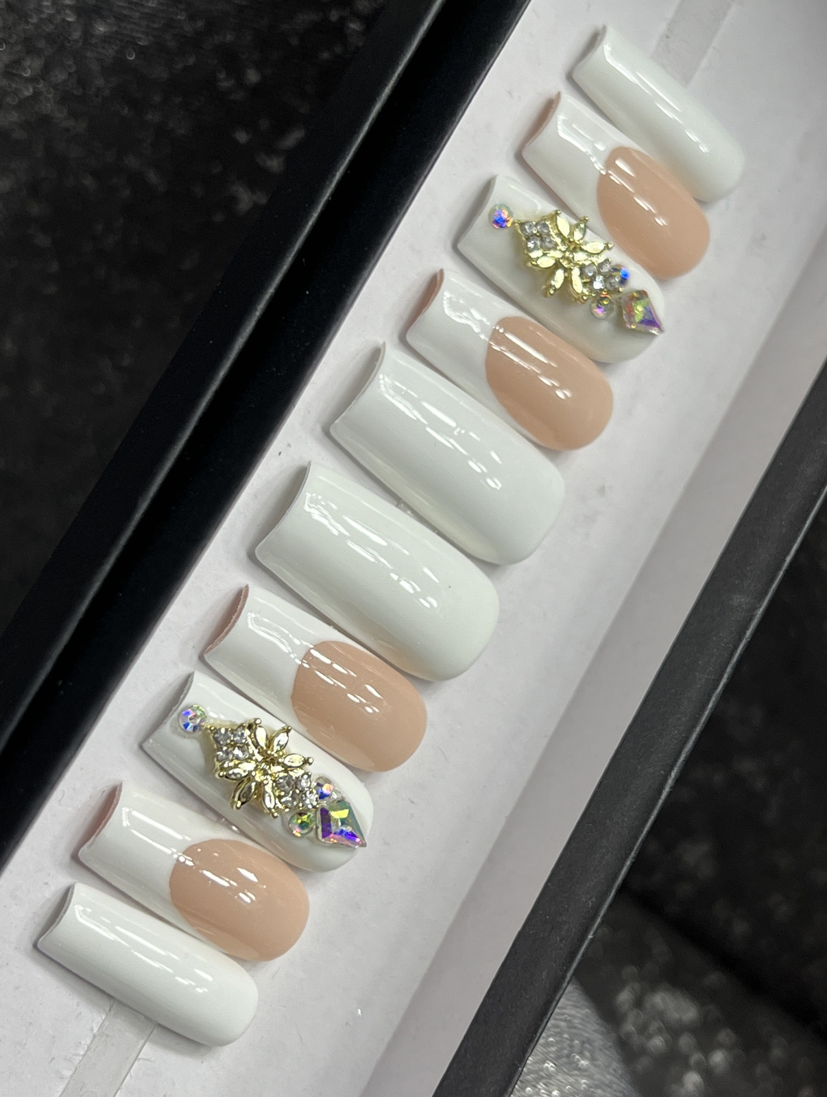🔥 CUSTOM Gel Press On Nails, NUDE FRENCH BLING 10p FULL SET W Kit