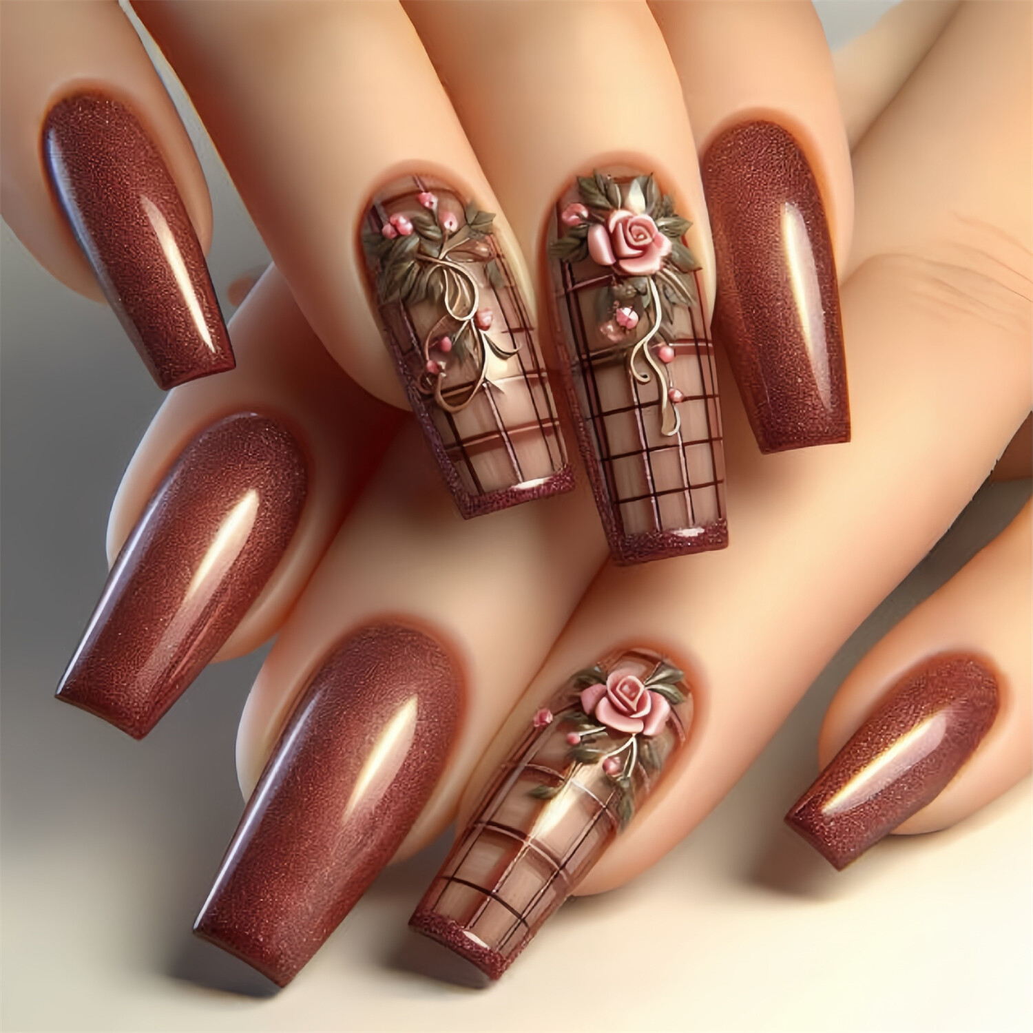 Long Square Press-On Fake Nail Valentine’s Day Rose Brown Plaid Manicure 24pcs