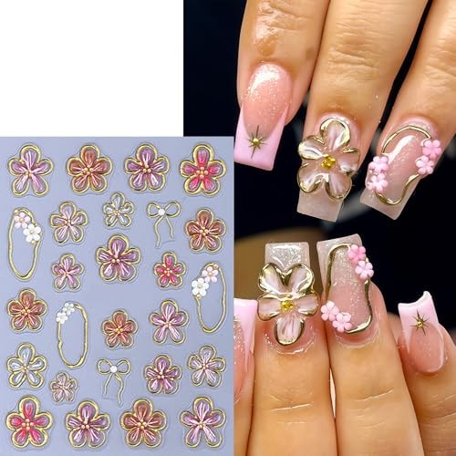 3 Sheets Flower Nail Stickers 5D Embossed Lily gold edged embossed floral