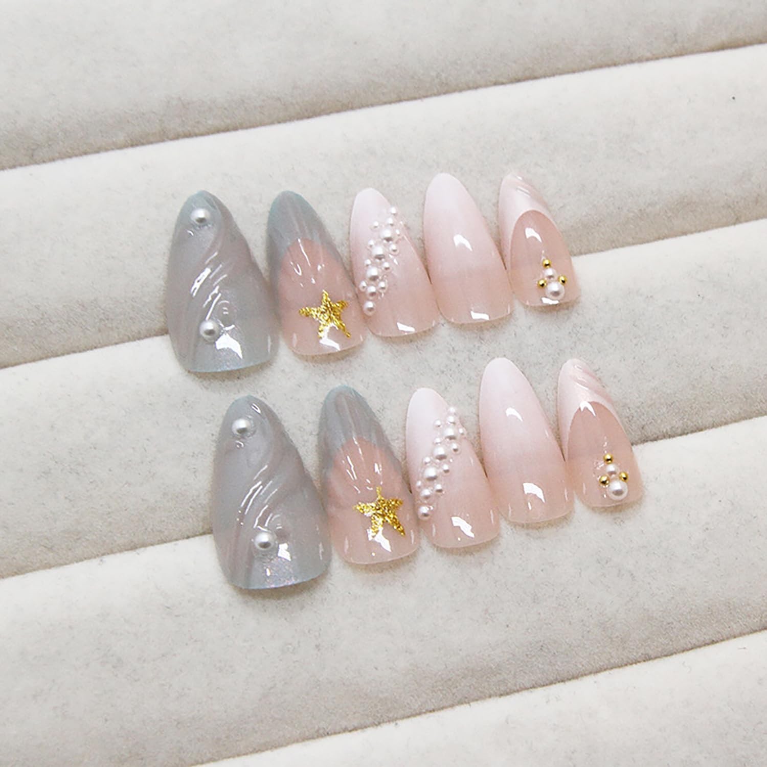24Pcs Summer Press-on Nails Medium Almond False Nails with 3D Pearl Seashell …