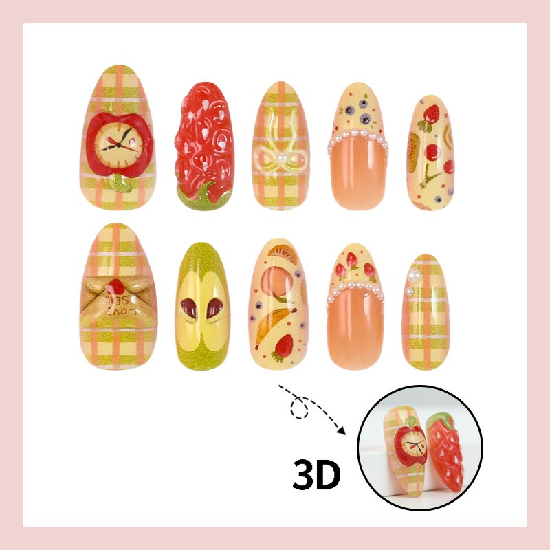 60P Short Almond Press on Nails, 3D Fruit Plaid Bow Cute Kawaii Fake Nails