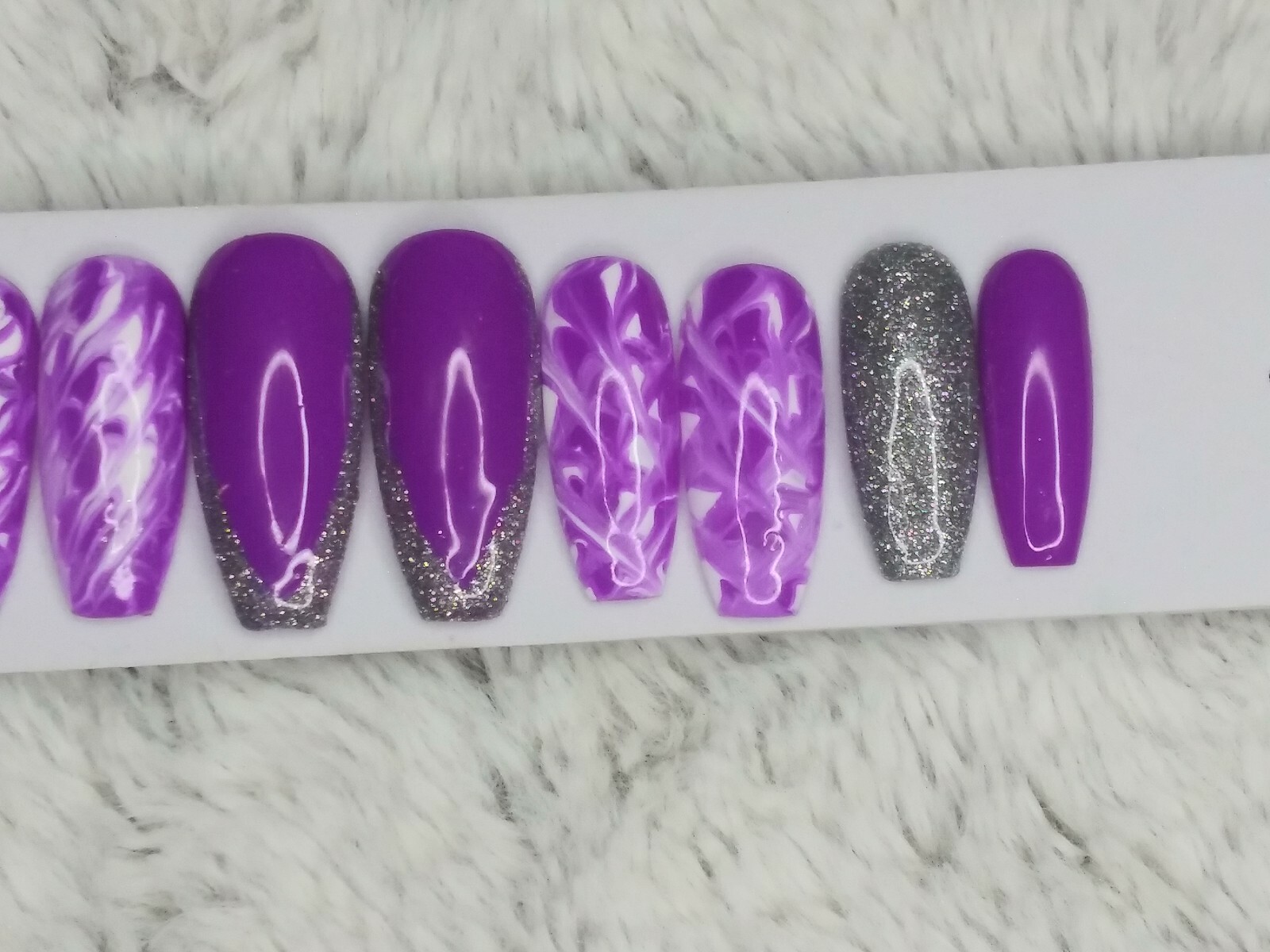 Purple white & silver holographic glitter tie dye press on nails long coffin