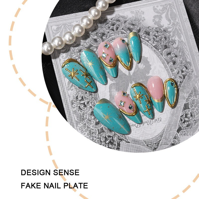 48Pcs-Glossy Nude Press on Nails Teal Cat Eye Gold Trim Star Long Almond Nails