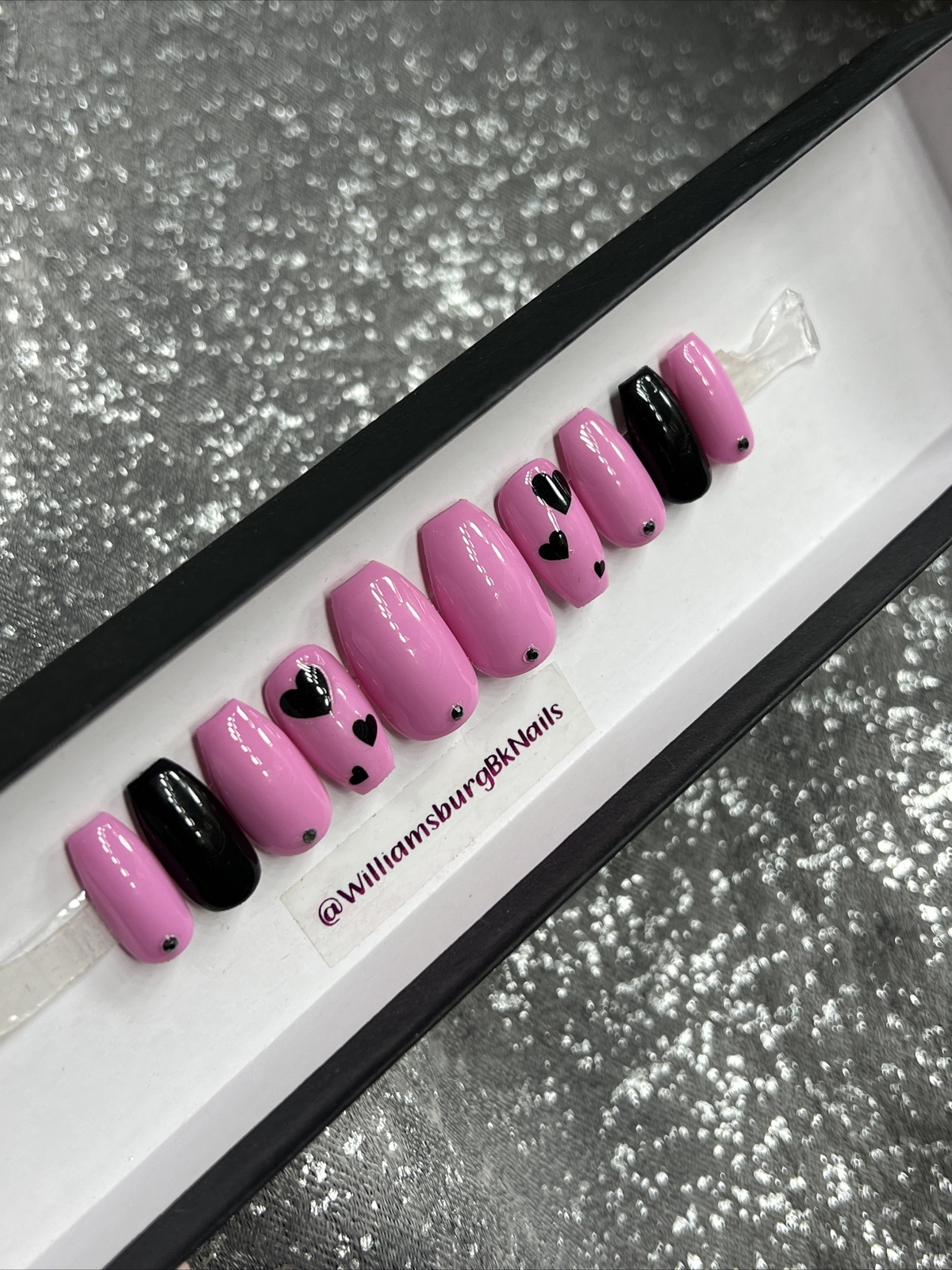 🖤 CUSTOM Gel Press On Nails, HOT PINK W BLING ,Coffin Short ,10p Set W/ kit NEW