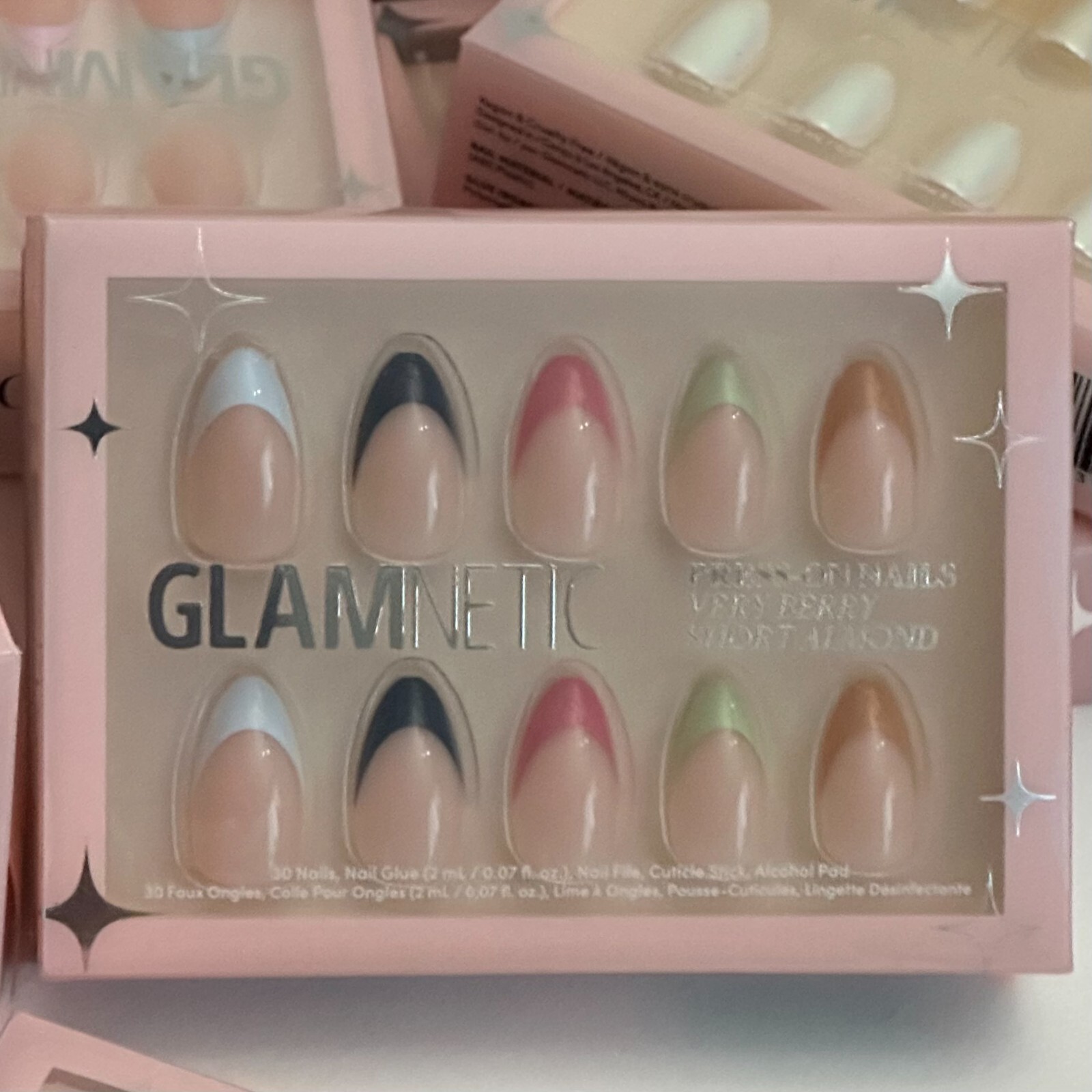 GLAMNETICS Press On Nails VERY BERRY Short Almond BRAND NEW Mullicolor FRENCH