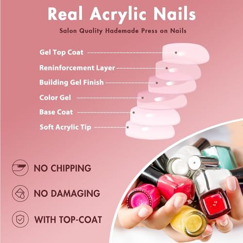 Glitter French Press on Nails Short Medium Coffin, glossy ombre pink shimmer