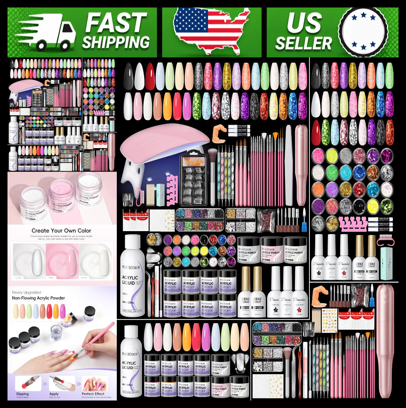 Acrylic Nail Kit for Beginners with Drill UV Light Gel Polish Glitter Powders