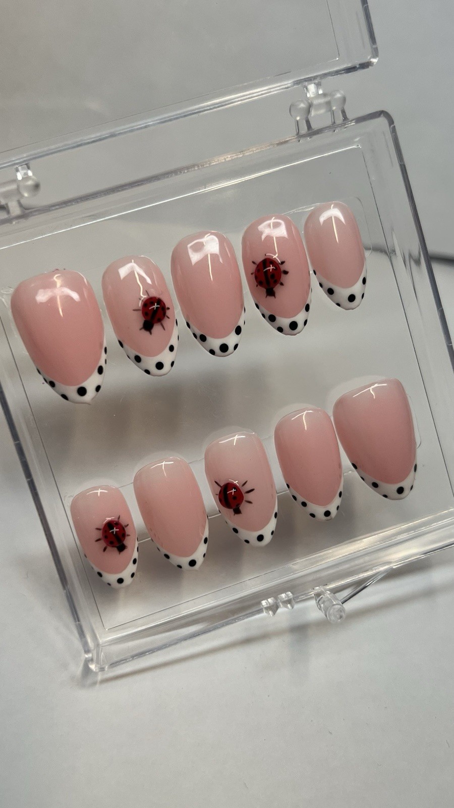 Divanailz Pink Black 3D Almond Medium Press-On Nails Ladybug Polka Dot, Glue, A…