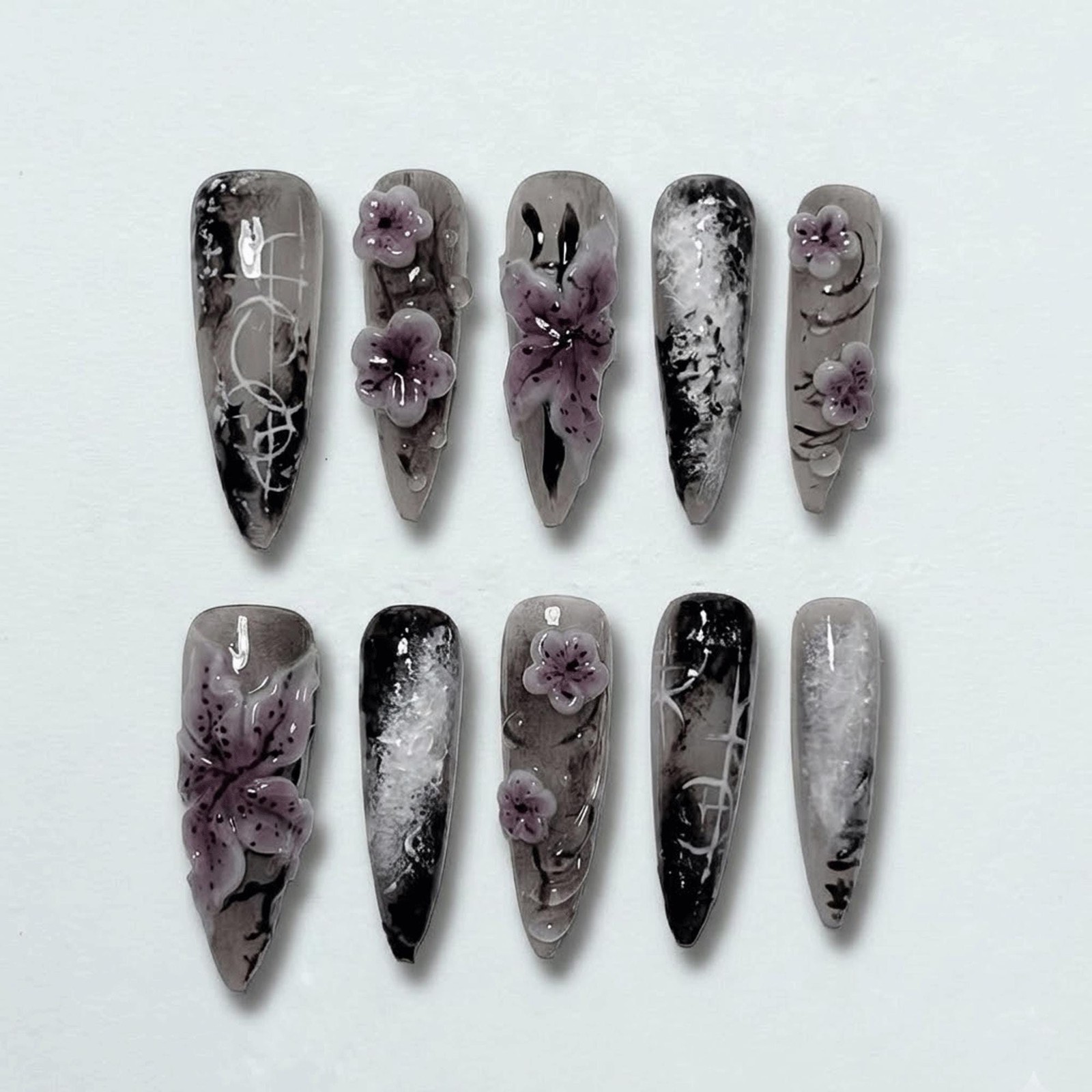 Custom Handmade 3D Purple Flower Smoke Marble Stiletto Press on Nails Set