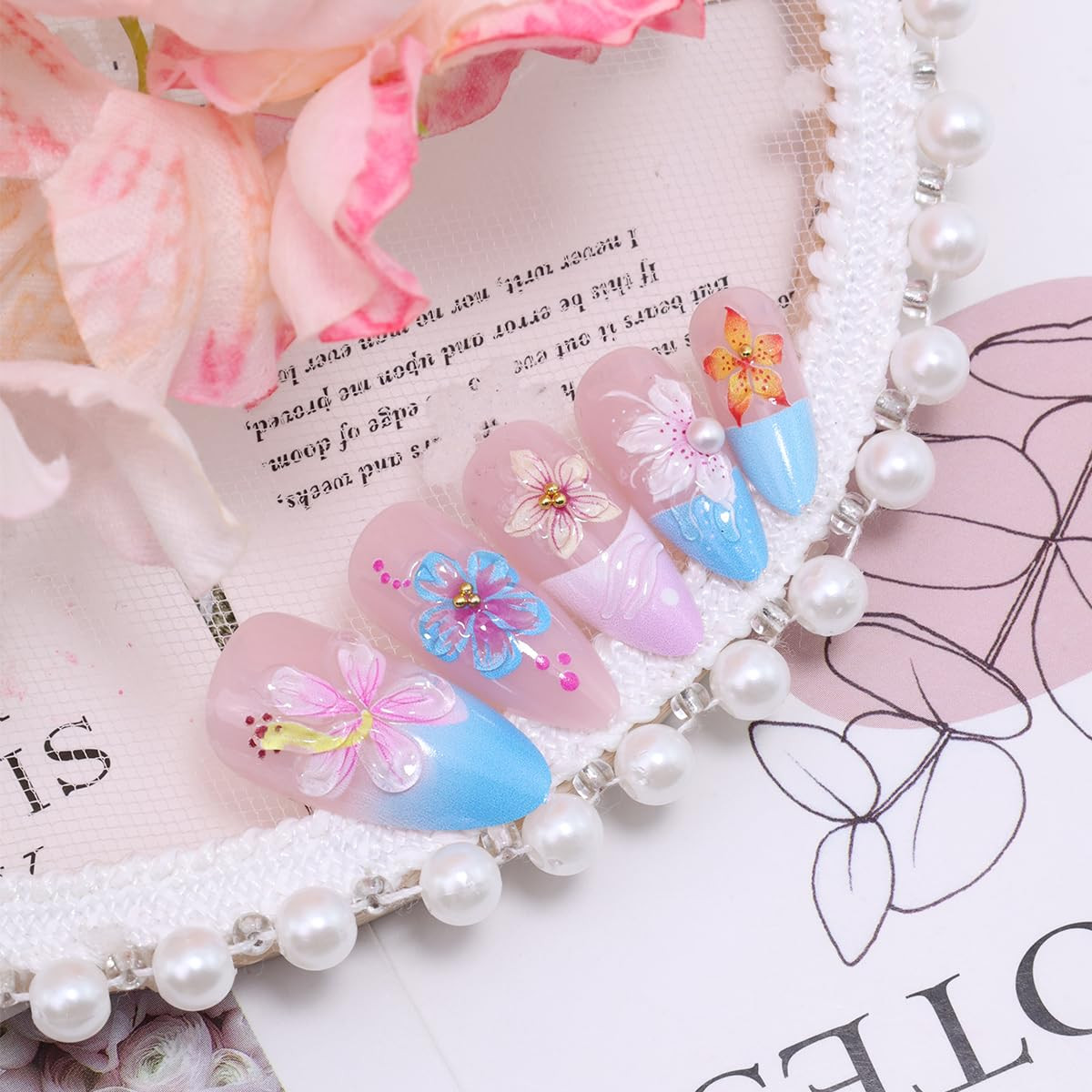 24Pcs 3D Flower Press on Nails Medium Almond French Tip Fake Nails Tropical Flor