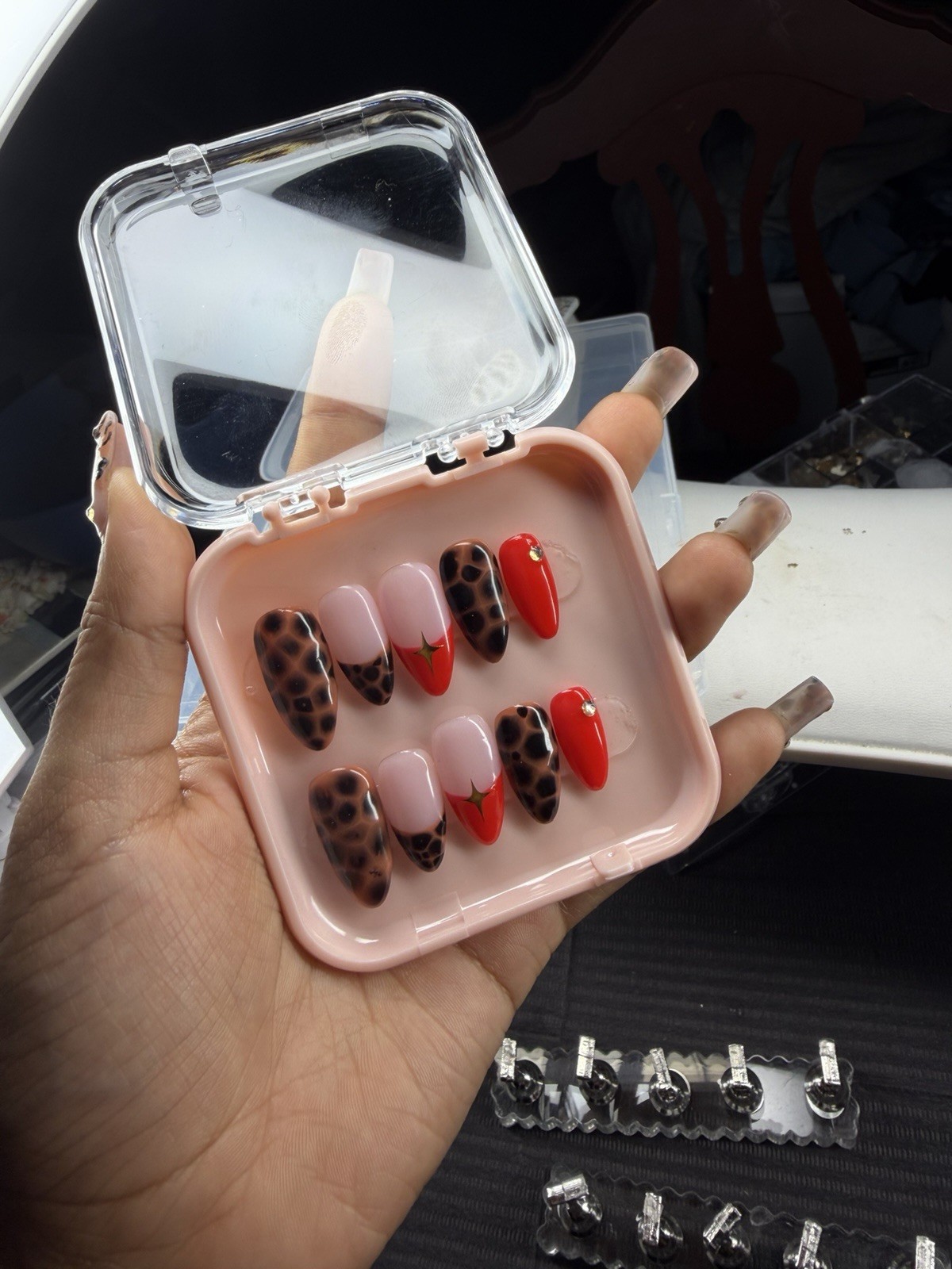 Long Coffin Press-On Nails Set Shiny Red Pink Brown Black Leopard Print
