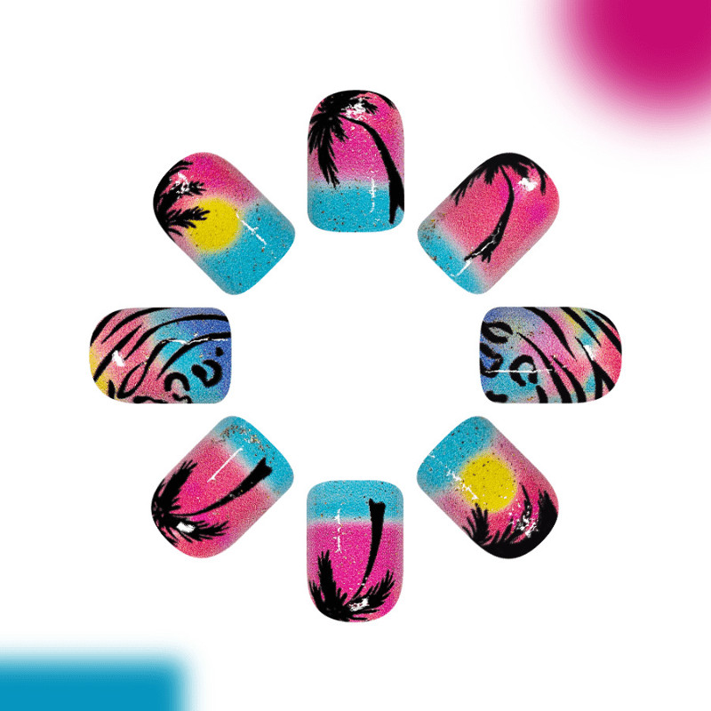 48P-Tropical Sunset Palm Tree Press on Nails Short Square Nail Art Set Handmade