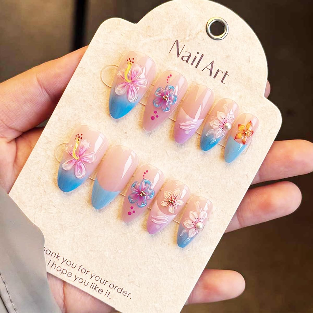24Pcs 3D Flower Press on Nails Medium Almond French Tip Fake Nails Tropical Flor