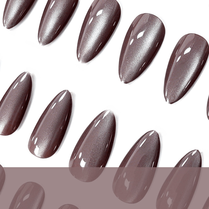 48 Pcs Brown Cat Eye Press on Nails, Long Stiletto Glossy Metallic Fake Nails