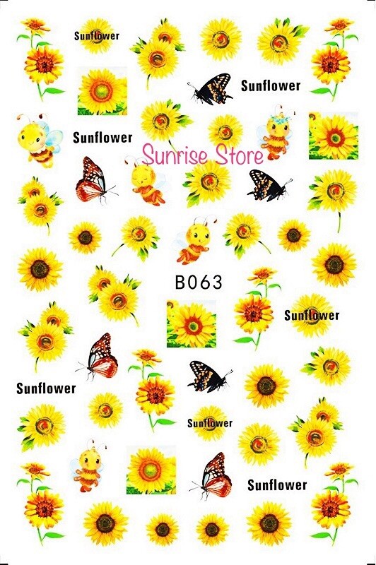3D Nail Art Sticker 63 Sunflower Butterfly Floral Decals Manicure Peel & Stick