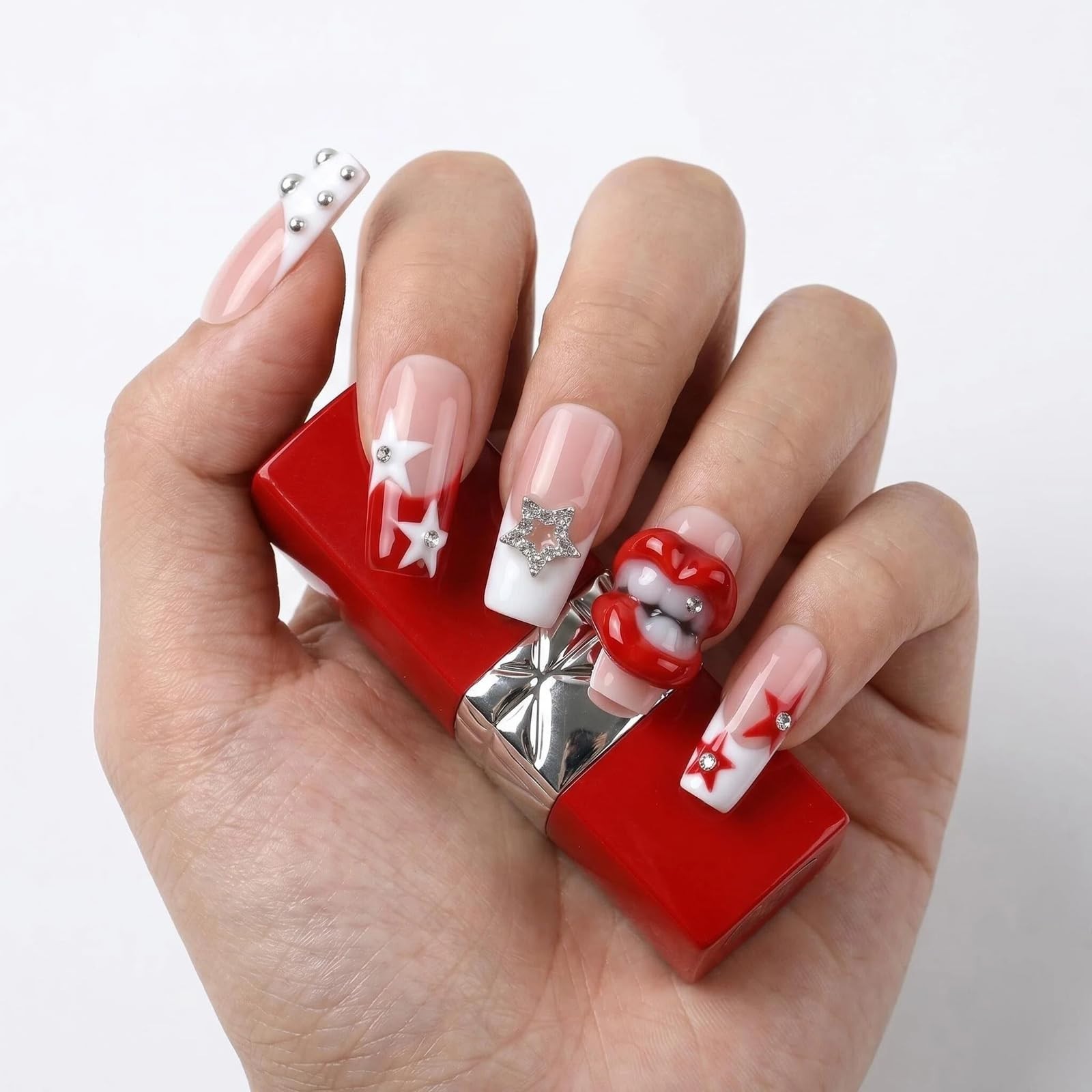 Medium Square Press-On Nails – Red White Stars & 3D Lips, Thick Acrylic, 10 Pcs