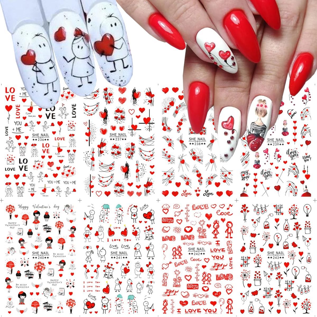 8Sheets Valentine’s Day Nail Art Stickers 3D -Adhesive Nail Decals Valentines…