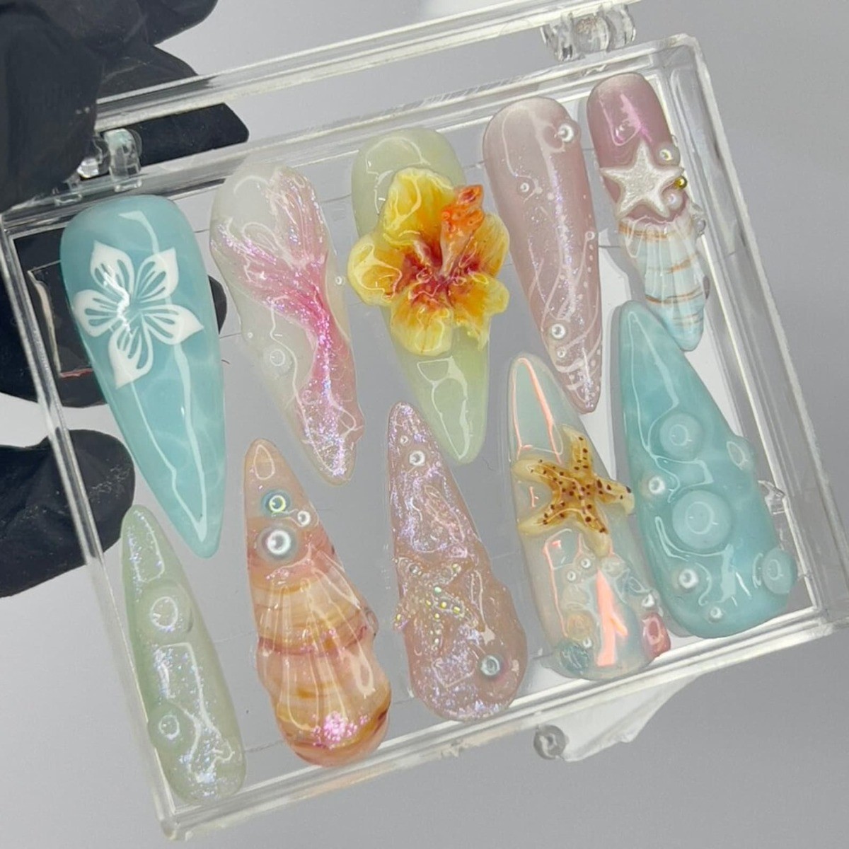 Beach Mermaid Handmade Press on Nails Star Shell Glitter Pastel Fake Nails