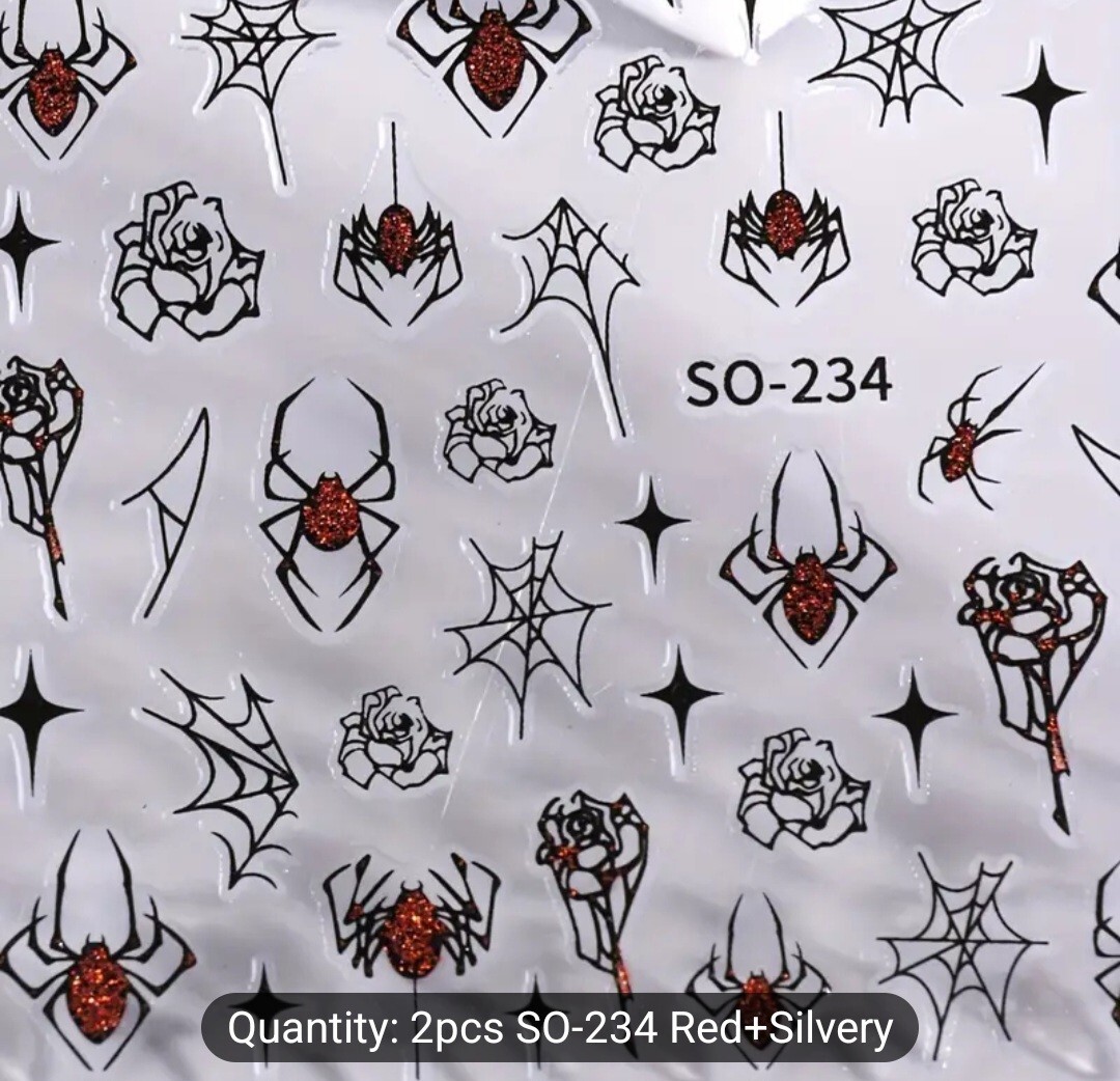 Halloween Nail Art Transfer Stickers Red Silver Spooky Spiders Roses Spider Webs