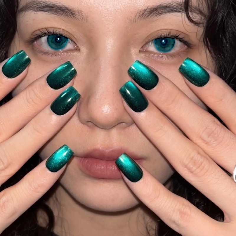 48Pcs-Short Square Emerald Green Cat Eye Glossy Press on Nails