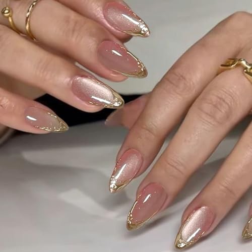 Pink Gold French Tip Press on Nails Almond Medium Acrylic Nails Press 04-Gold