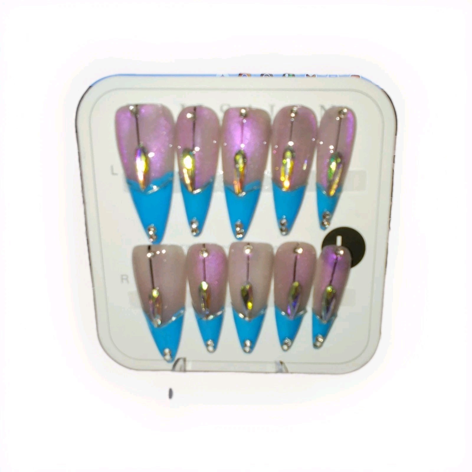 Blue Pink Nude Shimmer Cat Eye Sparkle Long Stiletto Press-On Nails Full Cover