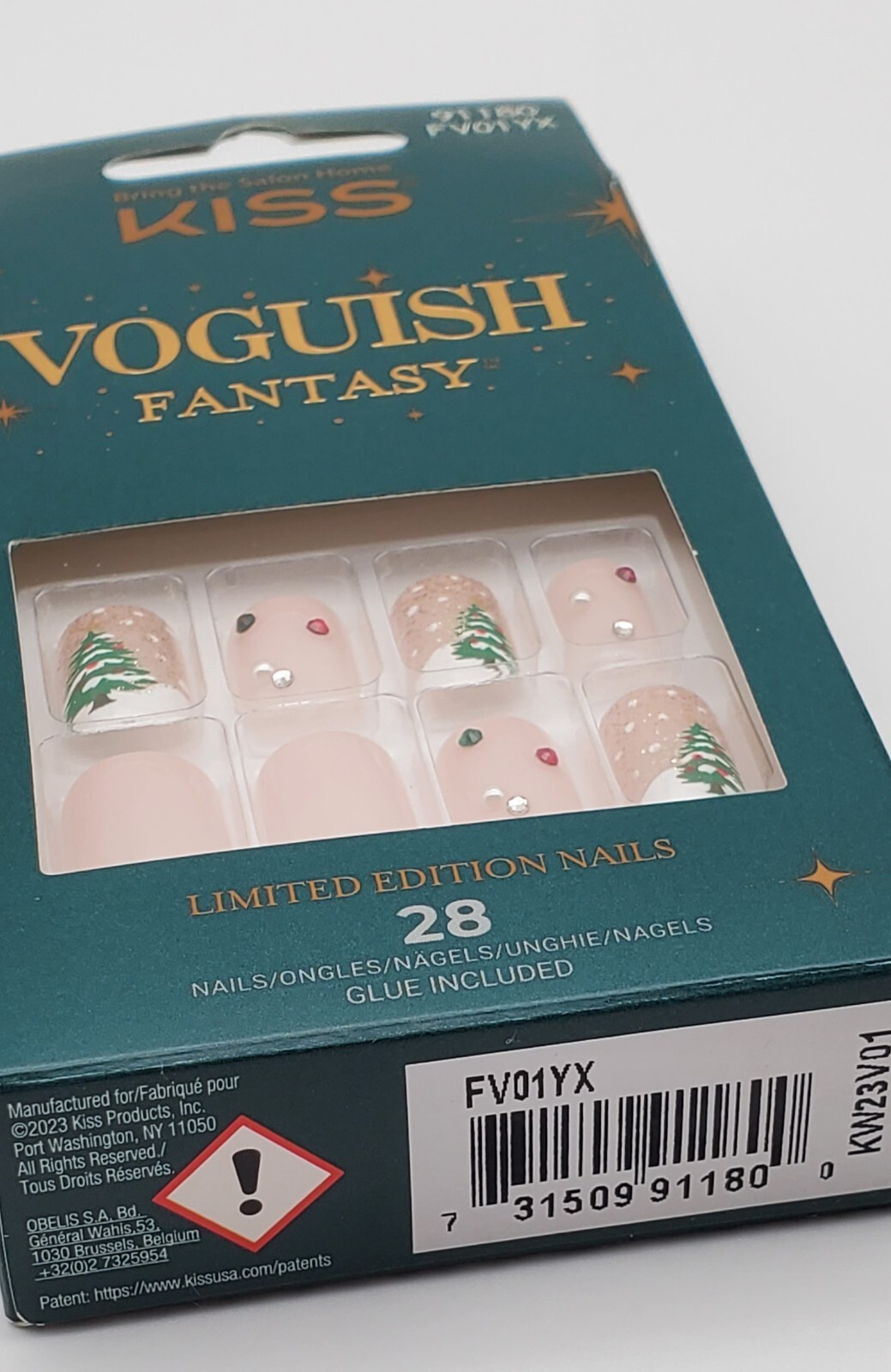 Kiss Voguish Fantasy Glue On Nail Short Nude with Red & Green Christmas Tree