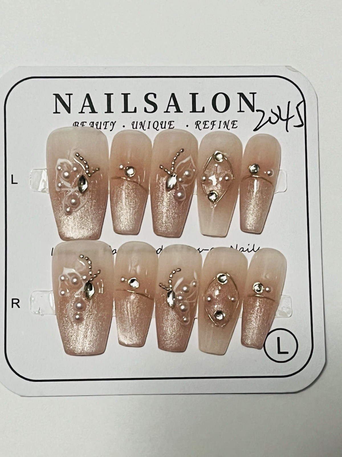 10 PCs Nude Pink Coffin Butterfly Press On Nails With Rhinestones Size L