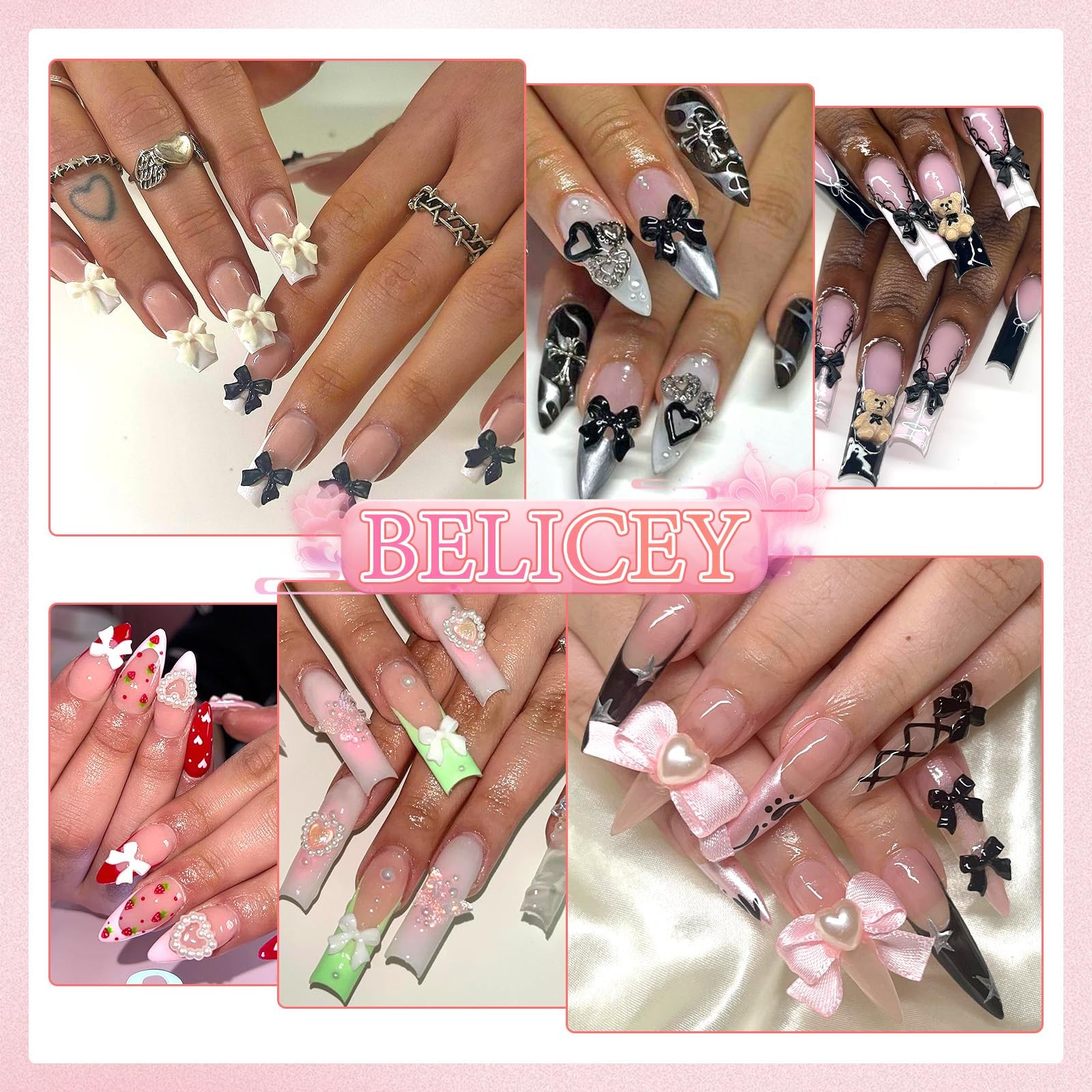 BELICEY 600Pcs 3D Nail Charms and Flatback Pearls Bows Flowers Hearts
