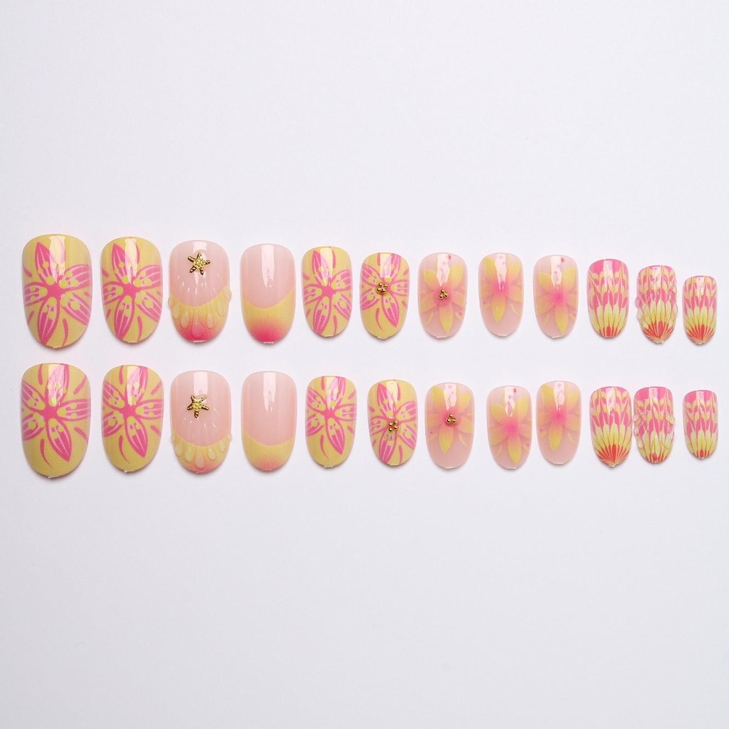 Almond Shaped Press on Nails Gradient French Tip Fake Nails with Flower Desig…