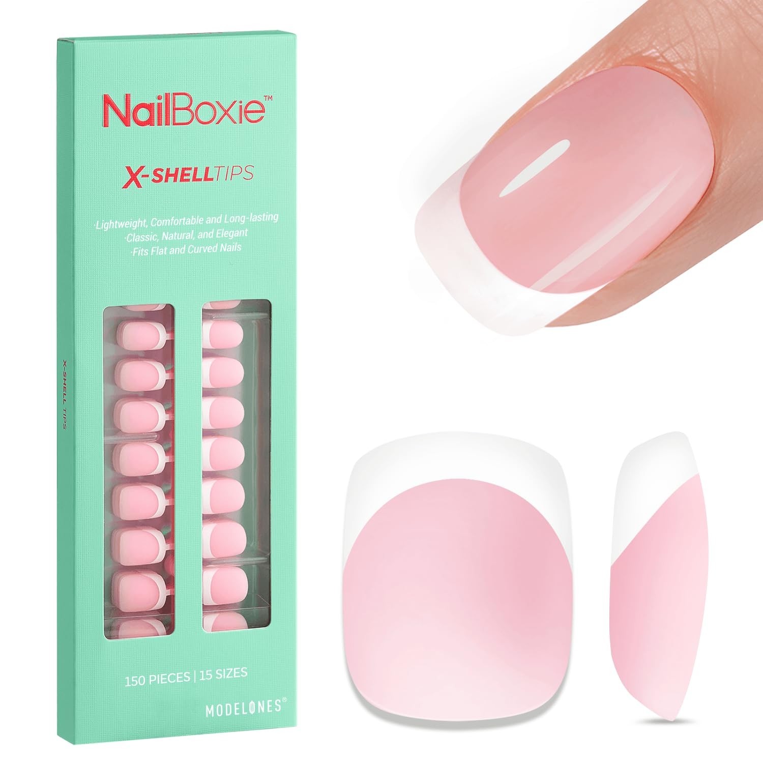 NAILBOXIE X-Shell Tips MODELONES 150 Pieces French Gel Nails 15 Sizes