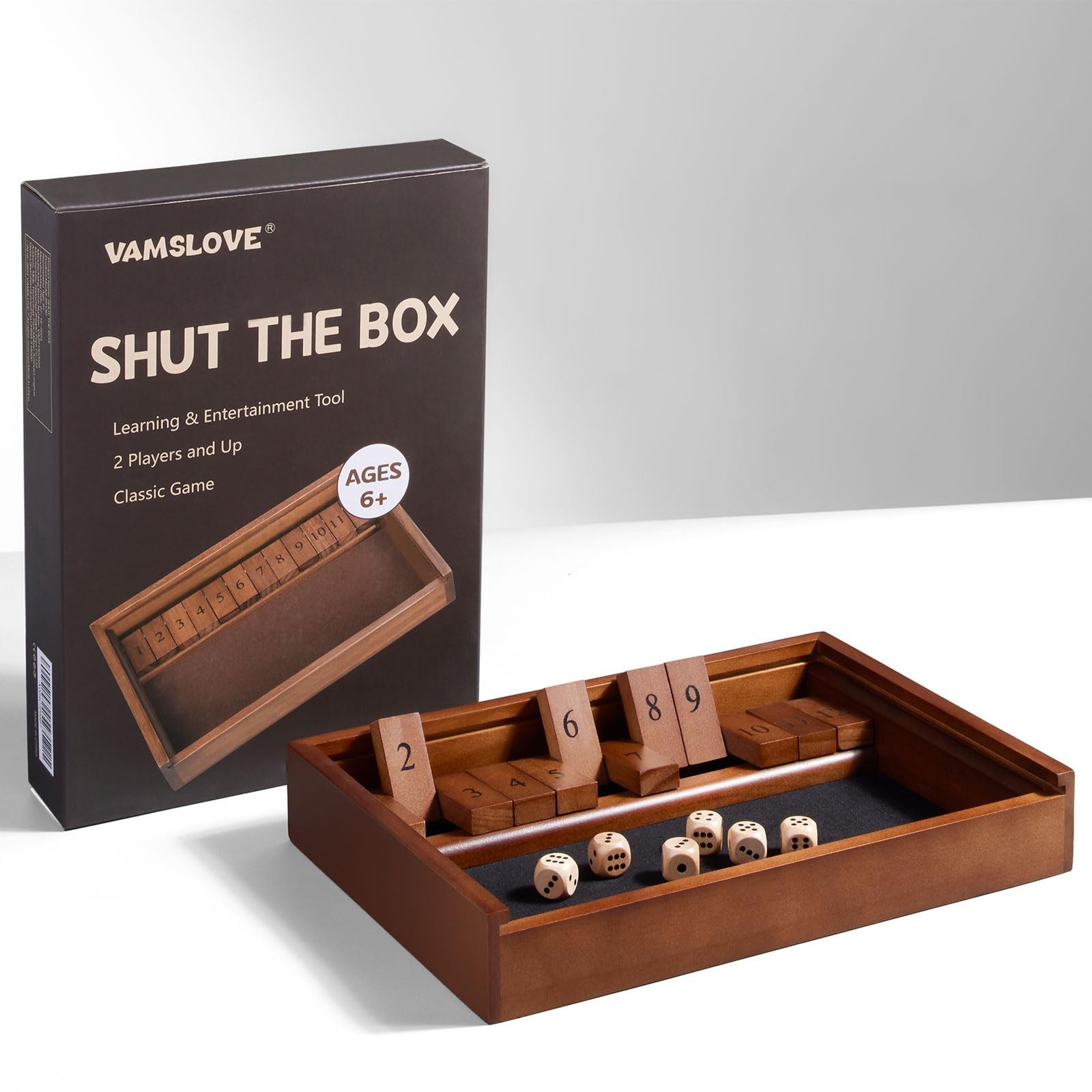 VAMSLOVE Shut The Box Dice Game Wooden Board Table Math 11.8*8.6*1.9 inches