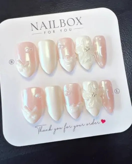 NAILBOX Pink/White Shiny 3D Floral Almond Medium Full Cover Press-On Nails