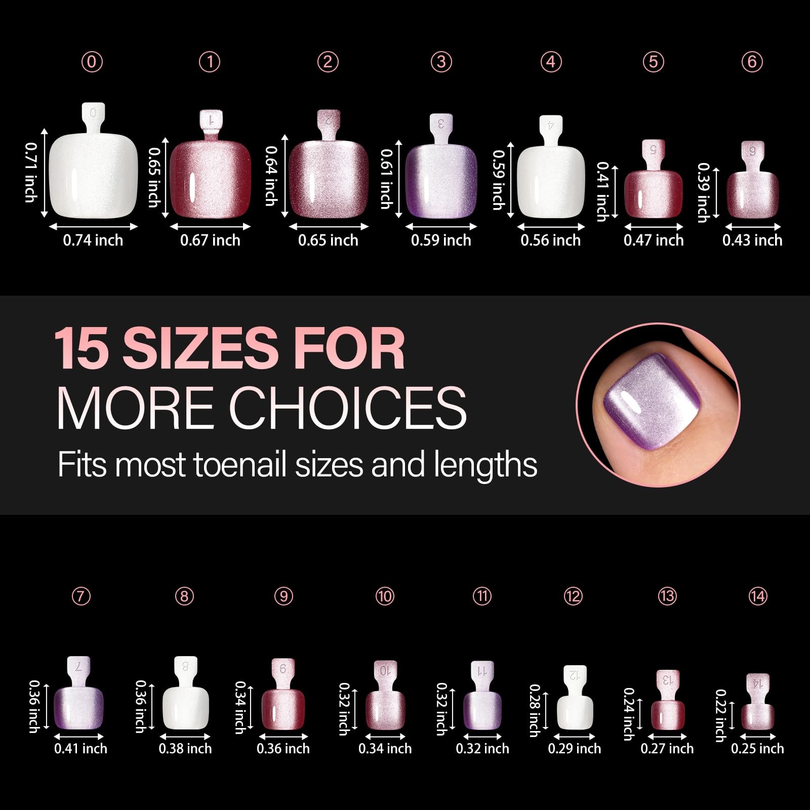 Cat Eye Press On Toenails for Women & Girls, 120Pcs 15 Sizes 4 Colors Short S…