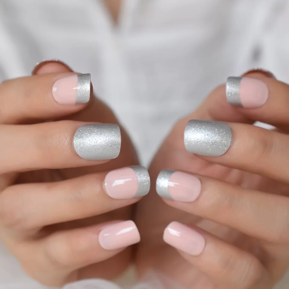 24 Unique Short Pink gray silver glitter Press on nails glue on light pastel