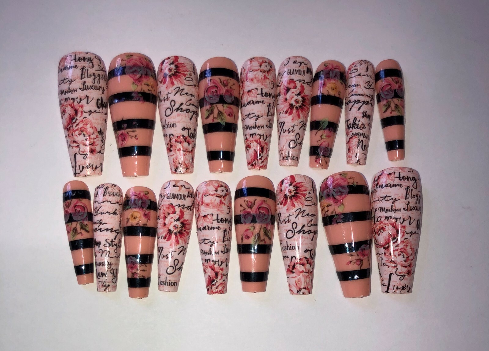 Press on nail set- Black stripes & Roses- (Set of 18 sizes 0-8)
