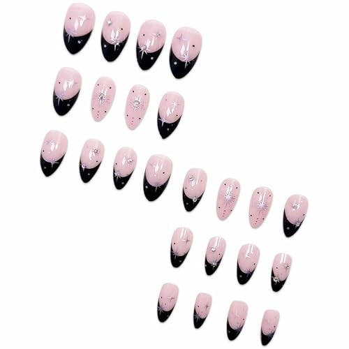 Press on Nails – Medium Almond Glue on Nails with Black French 03306-01Black