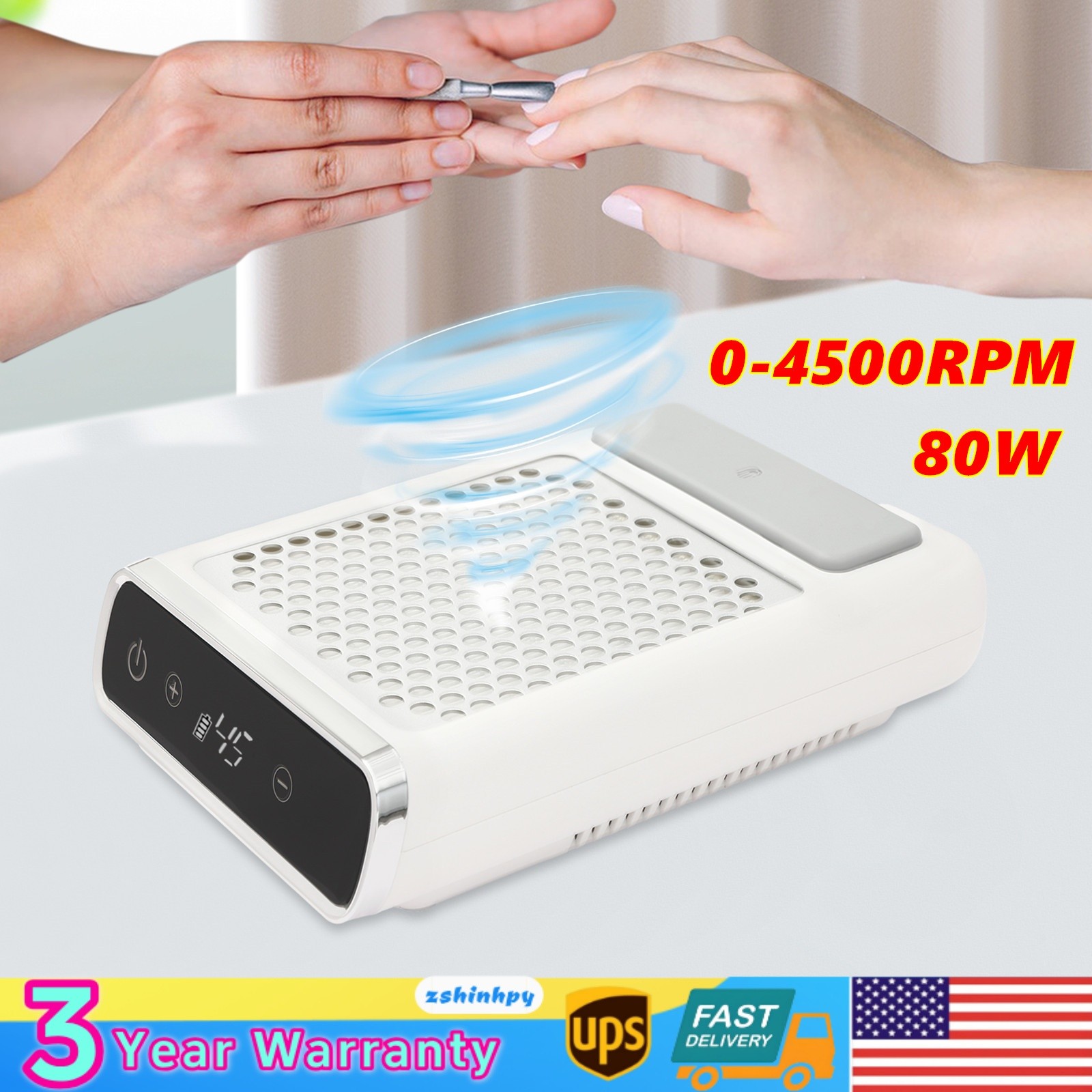 Nail Dust Vacuum Cleaner 4500rpm Adjustable Suction Nail Dust Collector LCD 80W