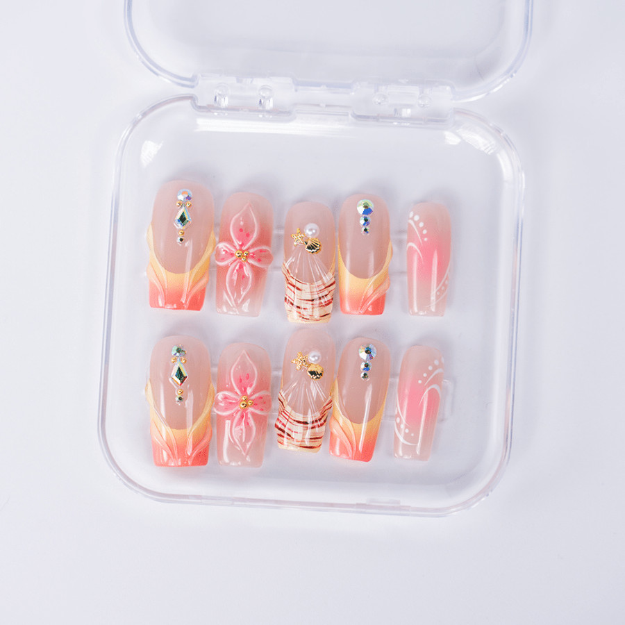 10pcs Short Square Press on Nails, Peach Gradient 3D Flower Crystal Nails
