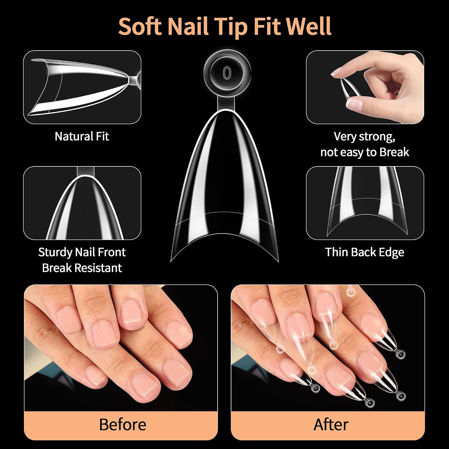 Almond Nail Tips,Soft Gel Almond X Press on Nails,300Pcs Acrylic Nail Tips Half