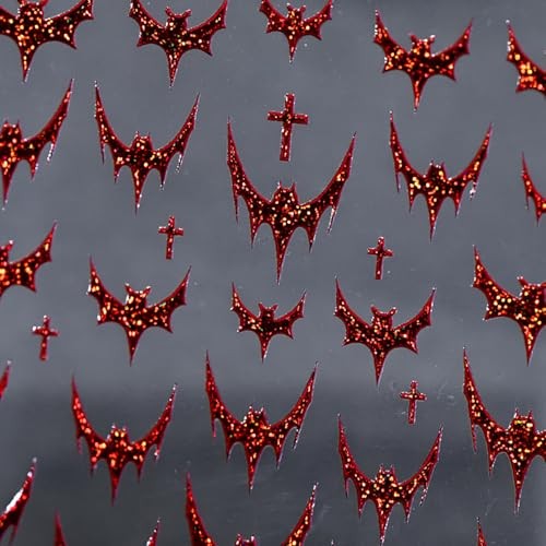1 Sheets Red Bat Nail Decals for Nail Art 5D Halloween Nail Bat Stickers-3