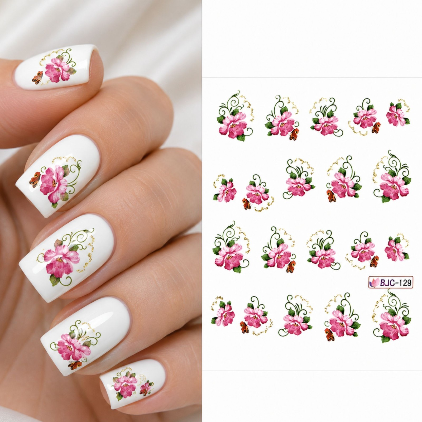 Wild Pink Rose Flower Nail Decals Water Transfer Sticker Floral Manicure DIY Art